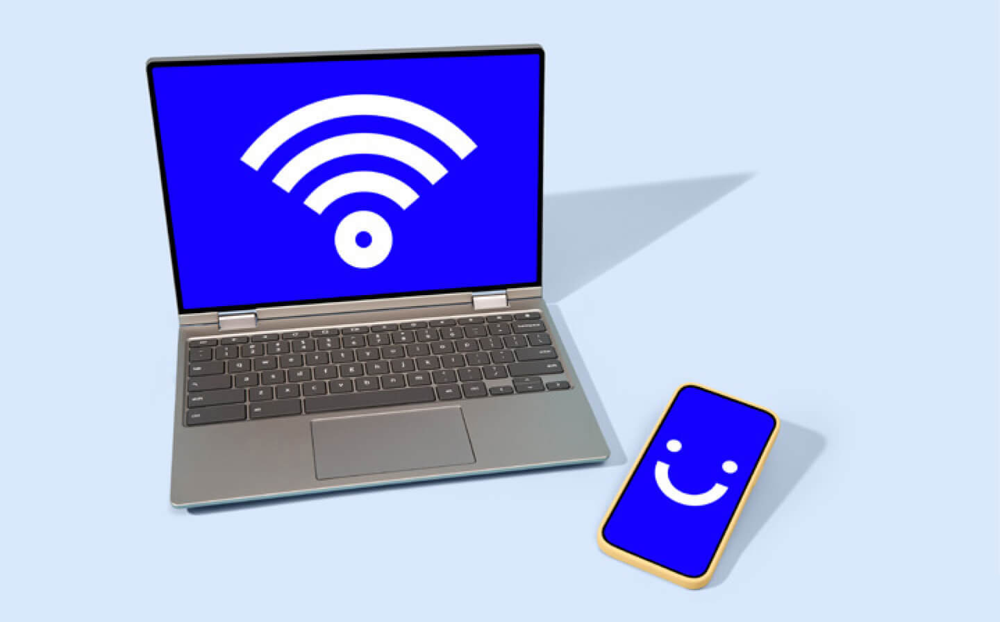 laptop displaying blue wifi symbol next to visible phone