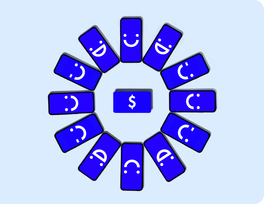 Visible phones in a circle with gift card in the middle