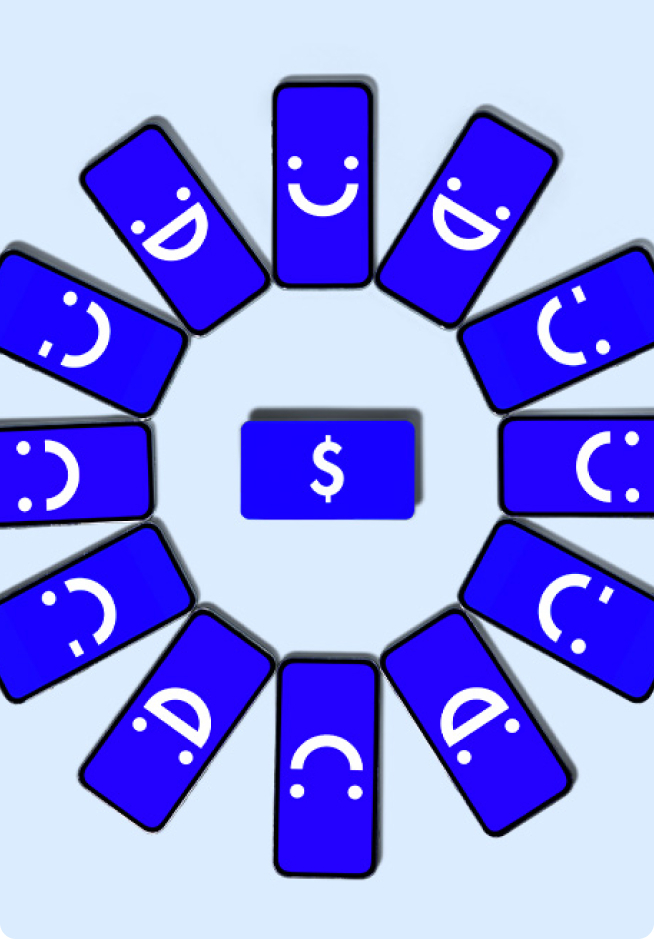Visible phones in a circle with gift card in the middle