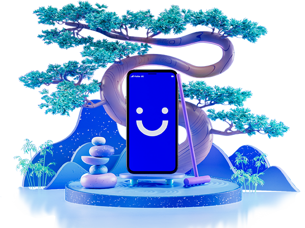 visible phone in a zen garden with a bonsai tree