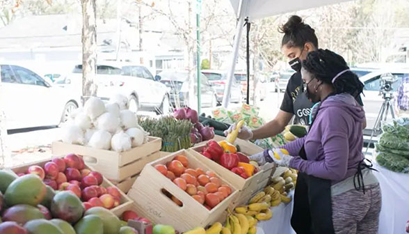 Two women browse fresh produce at an outdoor market